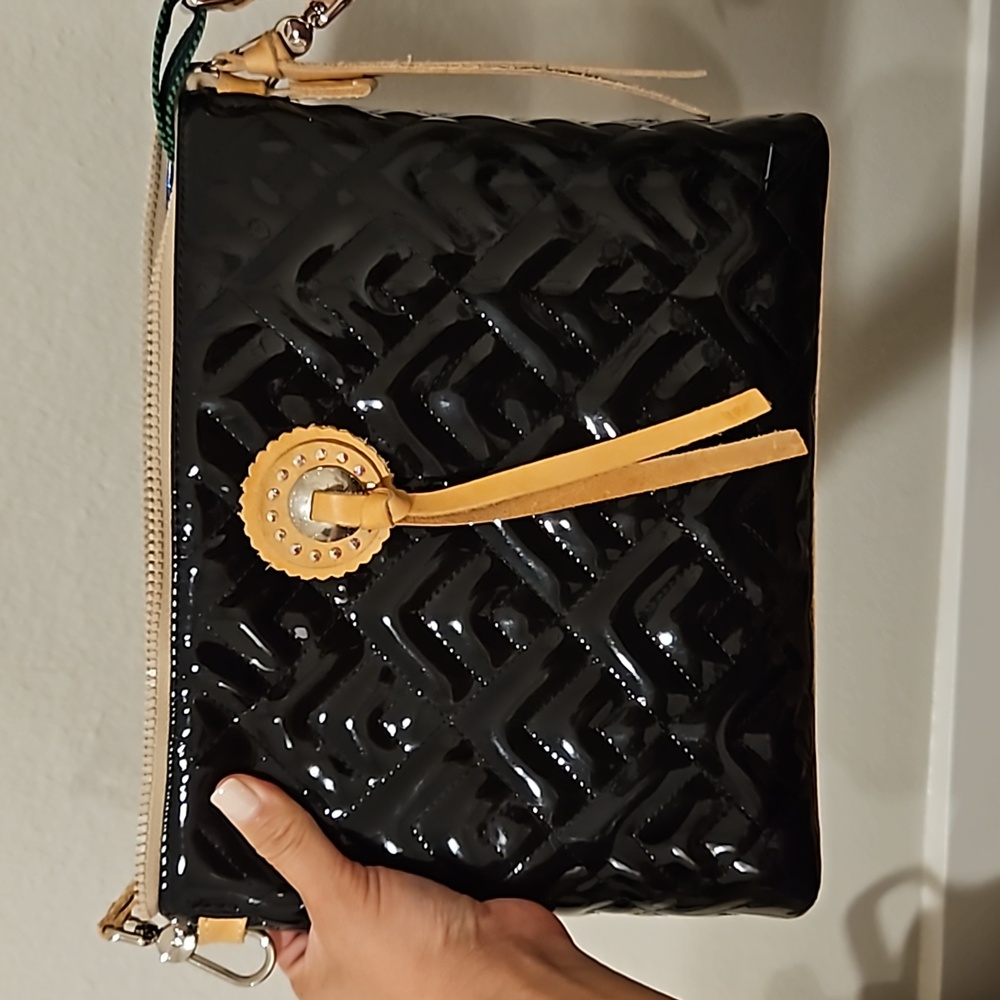 Consuela Black Patent Leather Crossbody with Tan Details